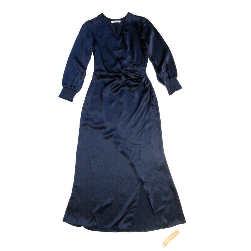 NWT Reformation Chantelle in Navy Blue Ruched Silk Satin Faux Wrap Midi Dress 2 - Picture 2 of 8